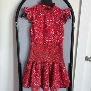 Girls Red Floral Smocked Dress with Ruffle Hem